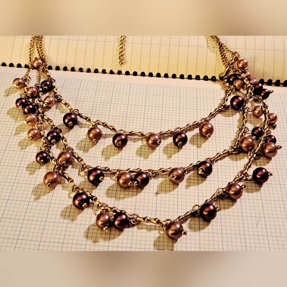 Pink Champagne And Burgandy Wine Pearl And Gold Multistrand Necklace - Picture 3 of 6